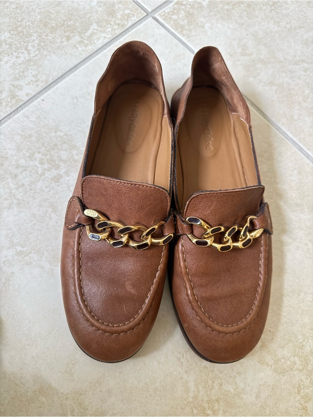 See By Chloe Brown Leather Chain-Trim Loafers